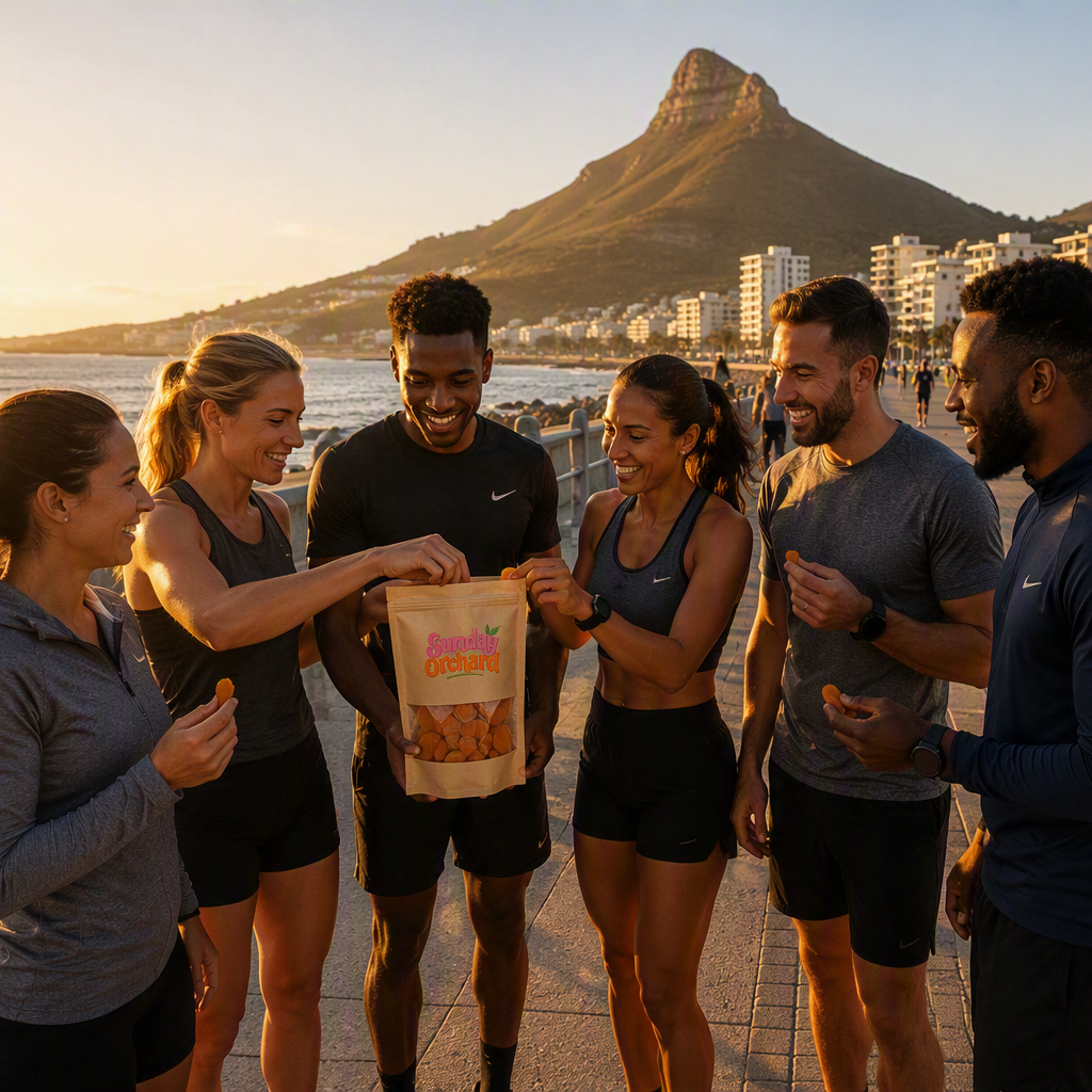 A group of five fitness enthusiasts standing on a seaside boardwalk at sunset, sharing a snack bag in front of a prominent mountain and ocean backdrop. One of the men is wearing a black Nike long-sleeve top, and another wears a gray Nike top, indicating Nike as the visible brand.