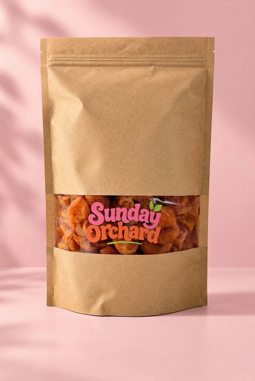 A kraft paper stand-up pouch with a clear window showing dried fruit, featuring the 'Sunday Orchard' logo on the front, set against a soft pink background with leaf shadows.